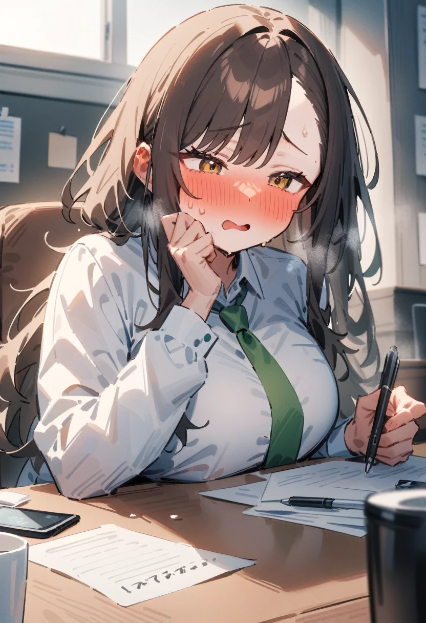masterpiece, best quality, very aesthetic, absurdres, newest, asymmetrical bangs, tareme, 1girl, solo, long hair, blush, drunk, brown hair, office, female focus, sweat, necktie, cup, colored skin, phone, cellphone, smartphone, @ @, paper, full-face blush, pen, pencil, green necktie, writing