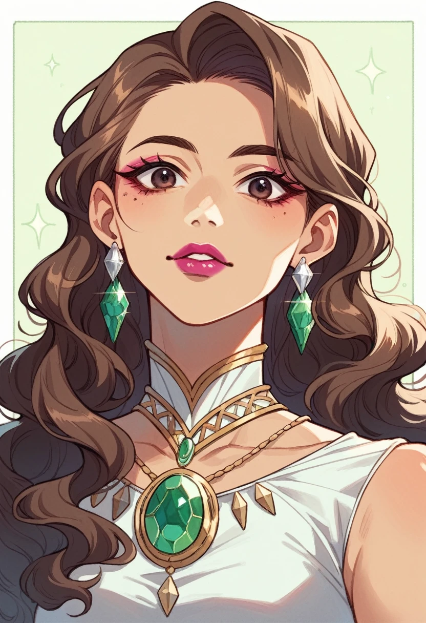 Close-up of a woman with long, wavy brown hair. She is wearing silver earrings with green gemstones and a matching necklace. Her makeup includes pink lipstick and dark eye makeup, and she is dressed in a silver embellished garment.look like malaika arora khan