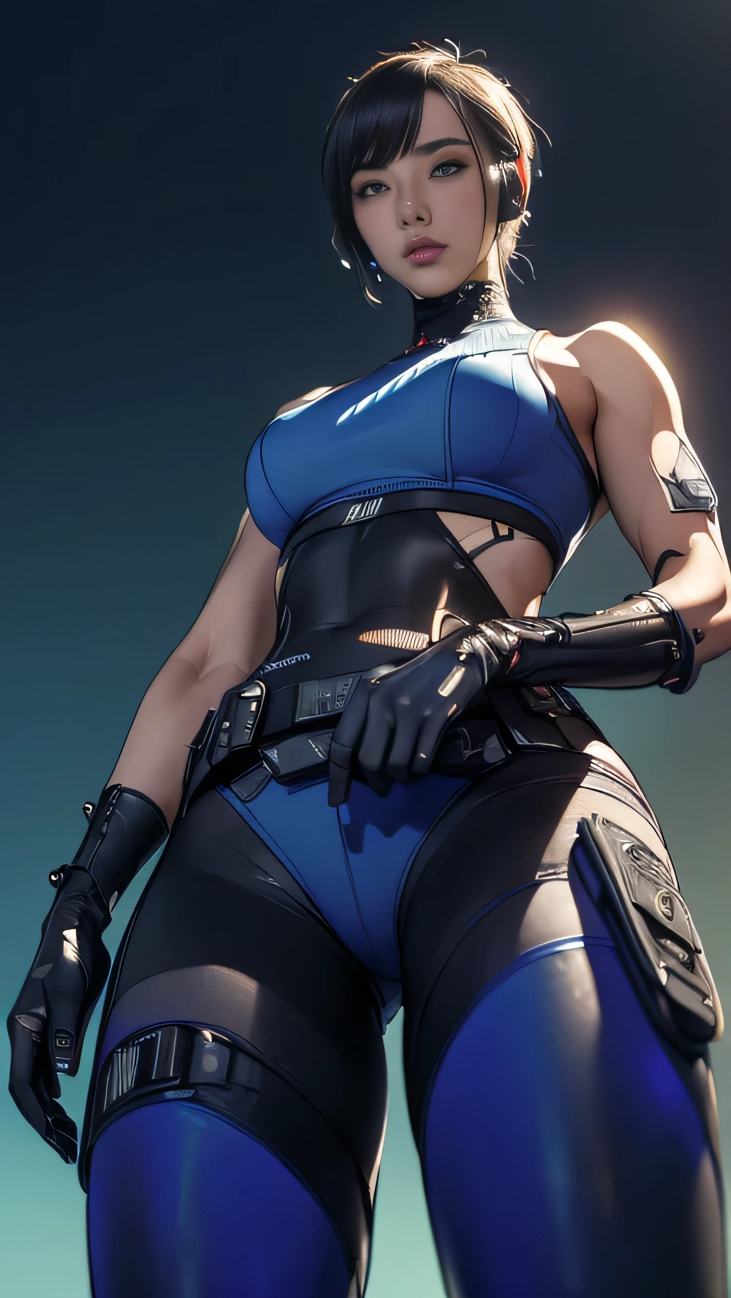 (A woman),(((A female member of the Future Force stands))),((Shiny dark blue tactical tights:1.5)),((earphone:1.5)),((Tactical Holster:1.5)),(Gloves:1.5),(Serious:1.5),(Super short hair:1.5),(beautiful eyes:1.3),(Very detailedな顔:1.5),((Very detailed drawing of a female hand:1.5)),(((muscular:1.5))),((Sexy appearance:1.5)),((Thick thighs:1.5)),(Beautiful Body:1.5),((Very sensual:1.5)),(The backdrop is a futuristic city:1.5),(Cyberpunk atmosphere:1.5),(((Blurred Background:1.5))),(Written border depth:1.5),rest(((masterpiece:1.5),(best quality:1.5),(Very detailed:1.5),(high resolution:1.5),(Practical:1.5),(Practical:1.5),(Delicate depiction),(Carefully drawn))),8k,wallpaper,((from below:1.2))