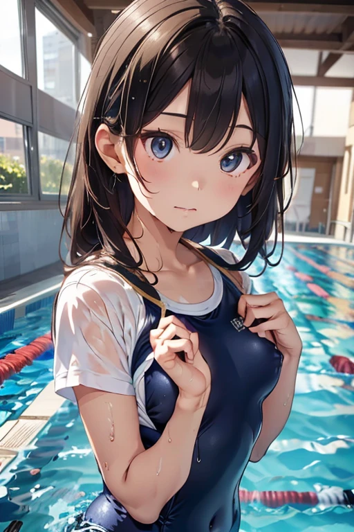 ((Tanned Gal))、((Tanned Gal))、((Only one worn))、((Small breasts))、((Only one worn))、((Small breasts))、((Highest quality、8k、masterpiece))、Sharp focus:1.2、(Fox Ears))、完璧な体型のかわいい10歳のgirl:1.,one girl, (a beauty girl, delicate girl:1.3), (12 years old:1.3),((Wet school swimsuit)) (Navy School Swimsuit:1.3),((Cute pose)) ,Very detailedな明瞭さ, (Symmetrical eyes:1.3), (School swimming pool, indoor:1.3), ((Nipples get erect))、((Big Breasts,)) Brown eyes, ((Cute Hairstyles)), Brown Hair, girl,, (Eye and facial details:1.0),, (masterpiece, Highest quality, Very detailed, Detailed face, 8k)