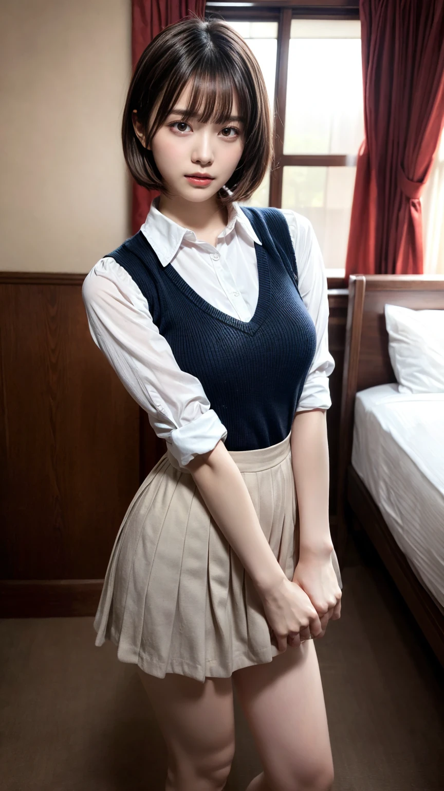 masterpiece, best quality, illustration, Super detailed, fine details, High resolution, 8K,wall paper, perfect dynamic composition,(Details High quality, realistic depiction of eyes:1.3), standing, (collared shirt:1.1), pleated skirt, short bob hair、black hair color, Big Natural Color Lip, bold sexy pose, crying a little、cold gaze, Harajuku style、acrobatic pose, 20 year old girl、cute type、lolita、beautiful legs, hotel room, gravure idol, Voluptuous thighs, large breasts