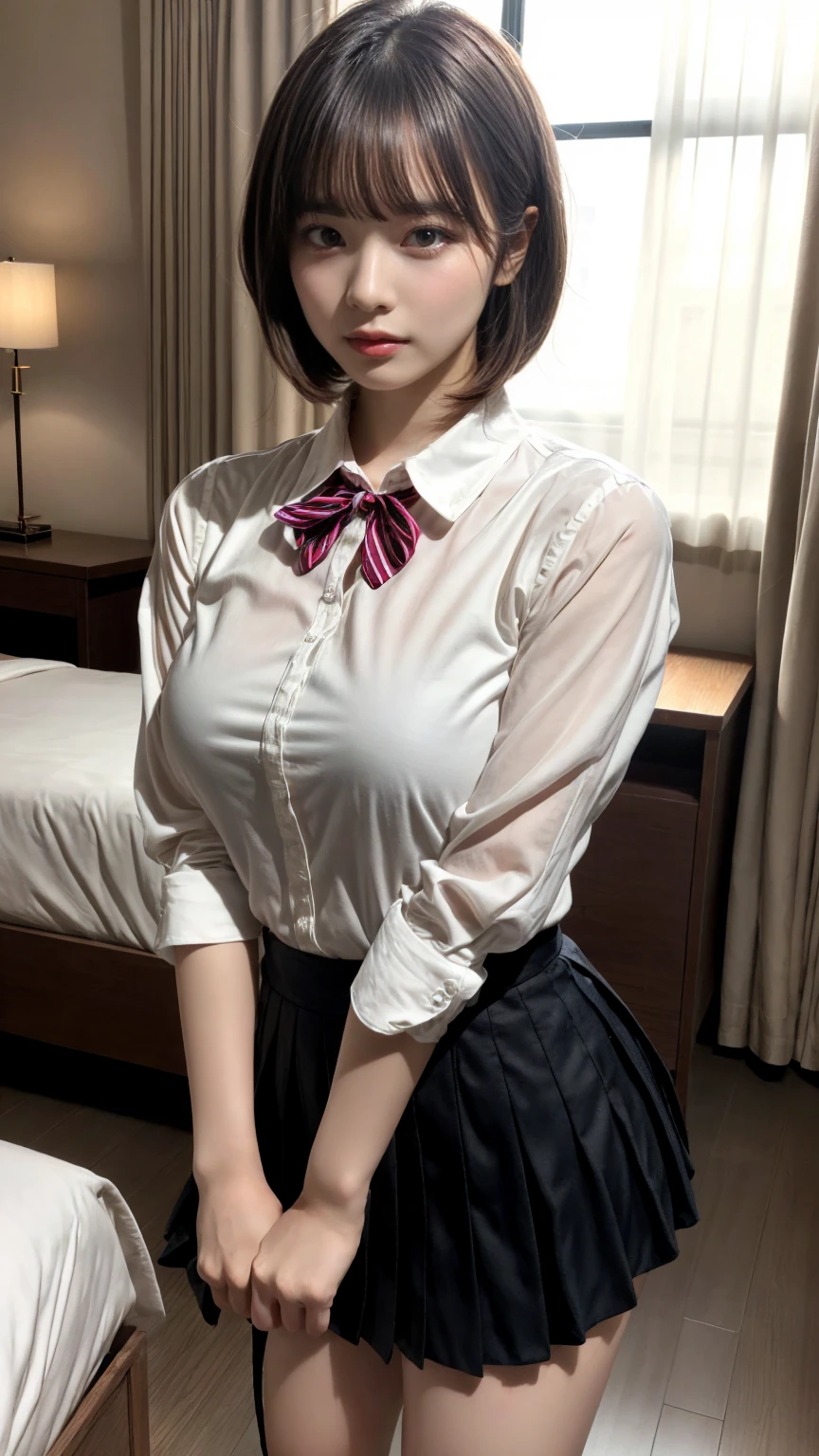 masterpiece, best quality, illustration, Super detailed, fine details, High resolution, 8K,wall paper, perfect dynamic composition,(Details High quality, realistic depiction of eyes:1.3), standing, (collared shirt:1.1), pleated skirt, short bob hair、black hair color, Big Natural Color Lip, bold sexy pose, crying a little、cold gaze, Harajuku style、acrobatic pose, 20 year old girl、cute type、lolita、beautiful legs, hotel room, gravure idol, Voluptuous thighs, large breasts
