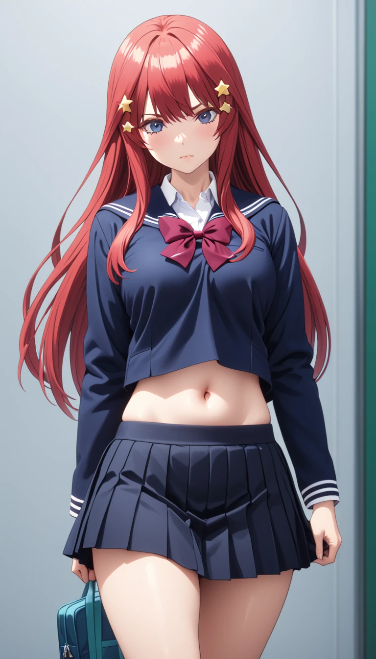 (Highest quality、Masterpiece、Very detailed、4K)、((One Woman))、17 years old、Red Hair、Long Hair、(((Nakano May)))、Star-shaped hair fastening、chest、arm、((Beautiful navel))、((Beautiful thighs))、(((school uniform)))、(skirt)、((Are standing))