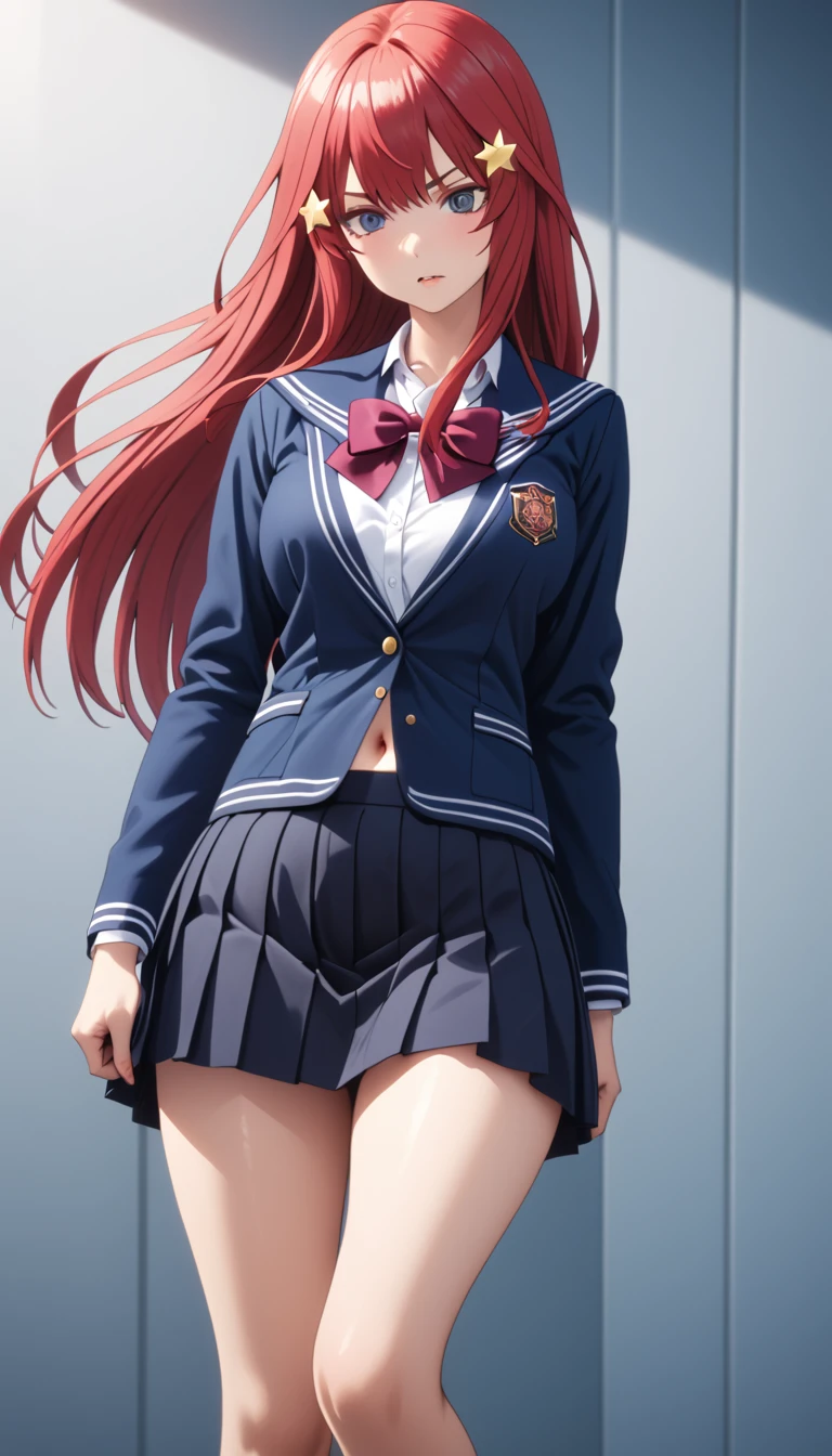 (Highest quality、Masterpiece、Very detailed、4K)、((One Woman))、************、Red Hair、Long Hair、(((Nakano May)))、Star-shaped hair fastening、chest、arm、((Beautiful navel))、((Beautiful thighs))、(((school uniform)))、(skirt)、((Are standing))