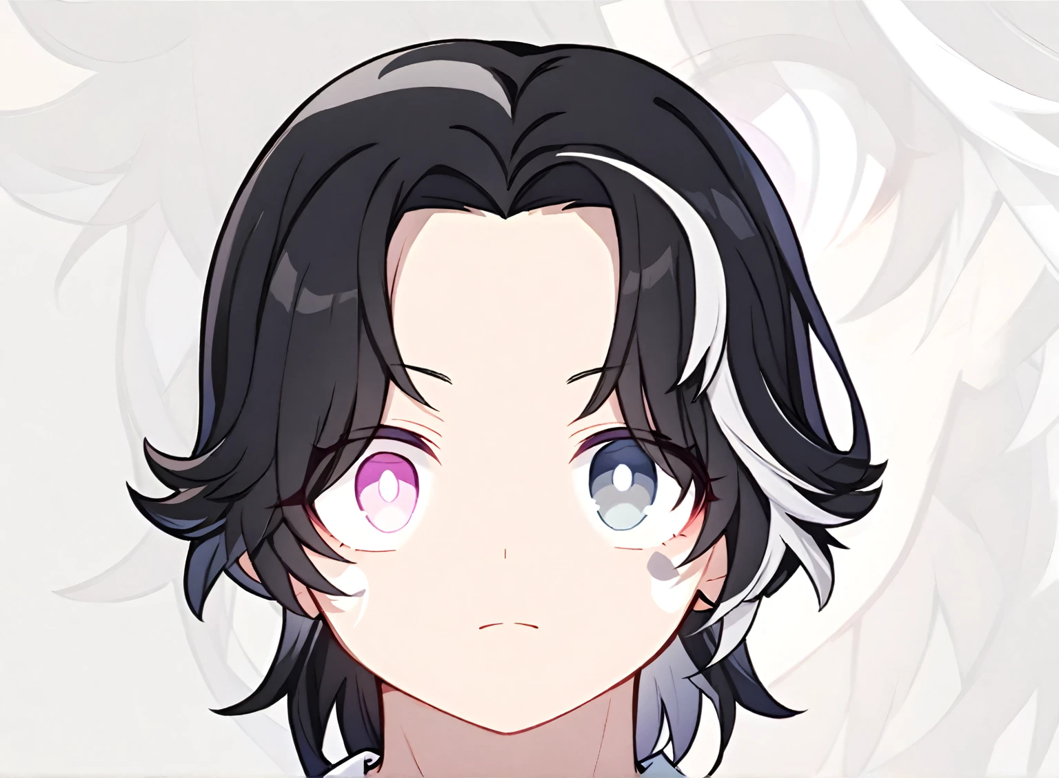 Chibi anime style illustration of a 25-year-old male character, front-facing portrait, inspired by Demon Slayer. He has black hair with a few white streaks, white spots on his skin, and heterochromatic eyes: the right eye is white and the left eye is black. The character should have the distinct chibi proportions and expressive features typical of Demon Slayer's chibi transformations, with only the head draw