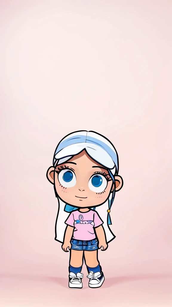 Make her a realistic real life look alike photo. Cute Standing ??? who is around 8 years old, having big blue eye but white long hair, with pink tshirt (pretty is written on her tshirt) and she is wearing shorts jeans which is only above knee and black shoes with white stripe on the side