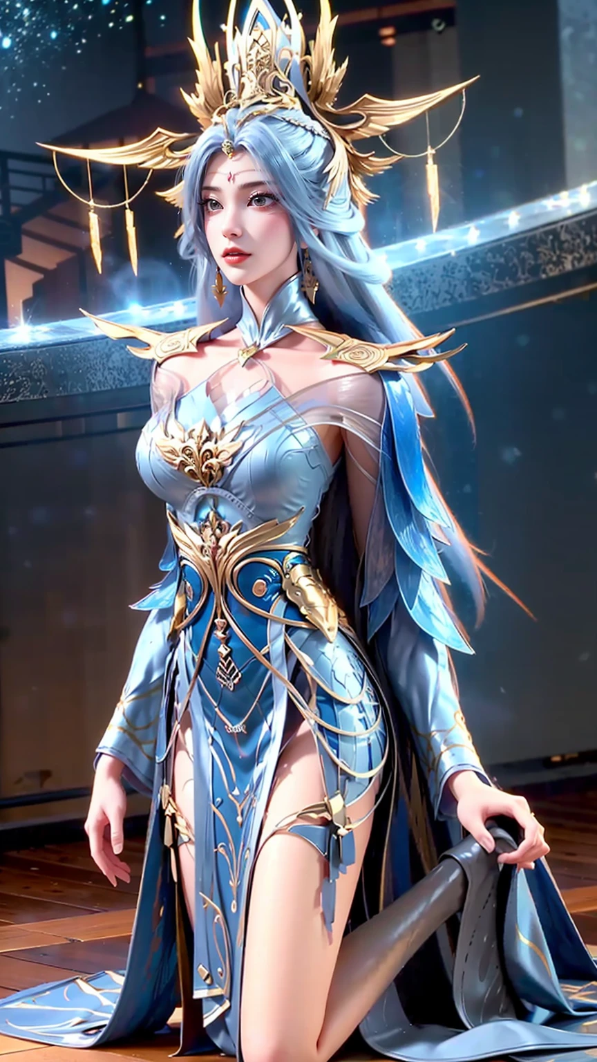 Cartoon woman kneeling on the starry sky, Water splashes at the knees，CG Social Trends, Smooth anime CG art, Starry sky background，Full body view，Royal sister kneeling posture，(((Light blue long hair)))，(((Blue Eyes)))