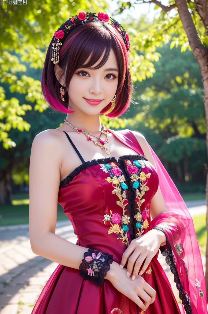 (masterpiece:1.4), (best quality:1.4), ultra high res, ultra high resolution, ((detailed facial features)), HDR, (realistic, photorealistic, photo-realistic:1.37), full body Esbian, sexy Thai model, (-anime), only 1 model, vivid colors, ((vivid colors multicolor (red, pink, fuchsia) very short hair)), (happy smile), lip-gloss, long lashes, defined eyebrows, wearing large sparkling colorful jewelery, wearing a red silk Paradise Kiss cosplay dress with black floral embroidery, ((vivid colors outfit)), vivid colors, look at the camera, cinematic light, large park background with trees, sweet and sexy pose