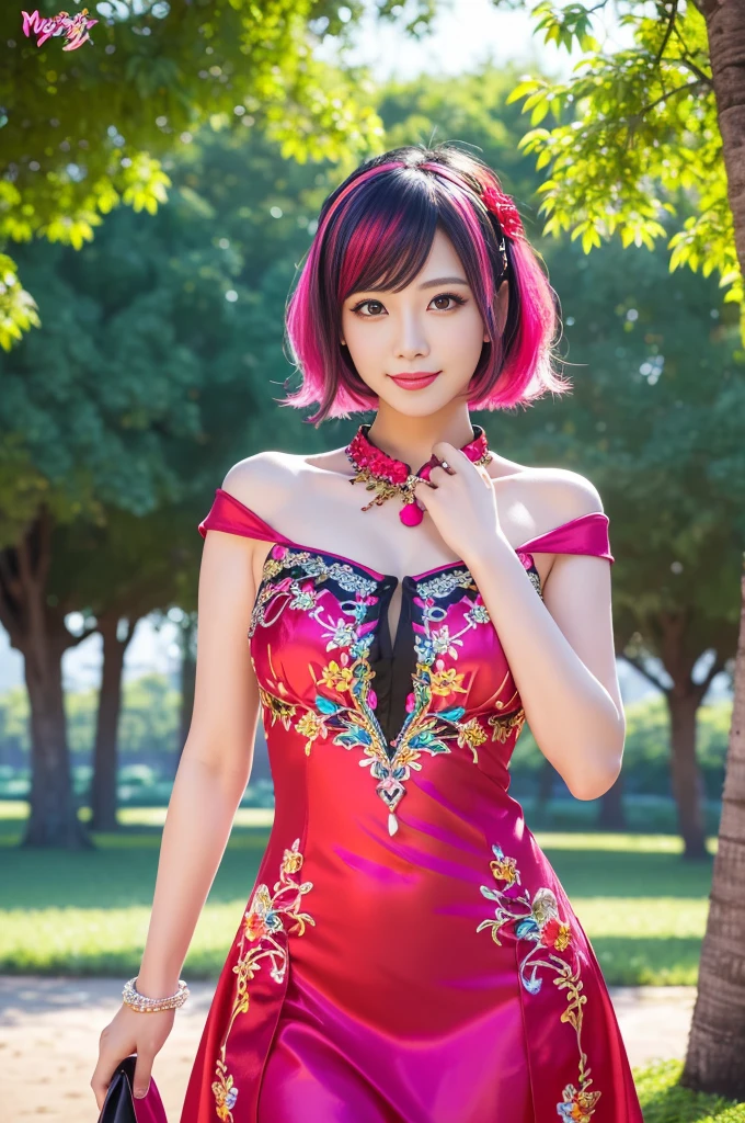 (masterpiece:1.4), (best quality:1.4), ultra high res, ultra high resolution, ((detailed facial features)), HDR, (realistic, photorealistic, photo-realistic:1.37), full body Esbian, sexy Thai model, (-anime), only 1 model, vivid colors, ((vivid colors multicolor (red, pink, fuchsia) very short hair)), (happy smile), lip-gloss, long lashes, defined eyebrows, wearing large sparkling colorful jewelery, wearing a red silk Paradise Kiss cosplay dress with black floral embroidery, ((vivid colors outfit)), vivid colors, look at the camera, cinematic light, large park background with trees, sweet and sexy pose