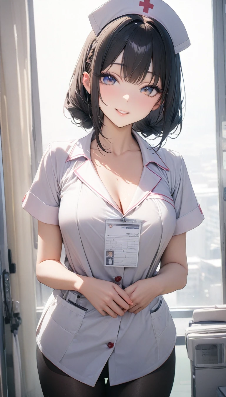 ((最high quality, 8K, masterpiece)), high resolution、(high quality: 1.5)、Very detailed、Delicate face、Vibrant colors、Natural light、Fine particles、Colored eyes、Pretty Face、非常にDelicate faceのテクスチャの女性,masterpiece, 最high quality, Delicate and beautiful eyes,最high quality、Best image quality、masterpiece、gentlemen.々hairstyle,girl,so beautiful、Smile,masterpiece、最high quality、so beautiful,panties shot,high resolution,Mature woman,Nameplate,Medical records,(extremely clean),Nurse,Nurse,Nurseキャップ,Doctor,1 person,Clear,Production,(Hospital),(Smile)、Smile,(masterpiece:1.2)、(最high quality:1.2)、Latest in Glowing Skin