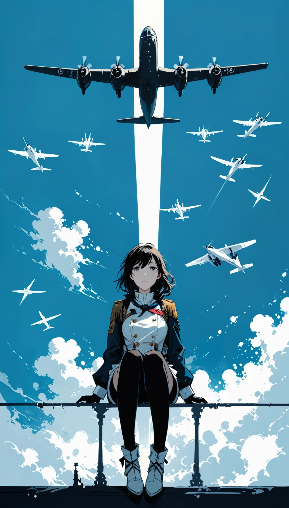 (Ashley Wood (Ashley Wood) style of:1.1), (in style of lvan Aivazovsky:1.4)
1 Girl,Spread your knees apart，Bring your feet together,(? Composition pattern:1.5),Large area of white space,cerulean_background,minimalist background,sit,At the bottom of the screen,(look up:1.5),from the side,comics,Aircraft，
