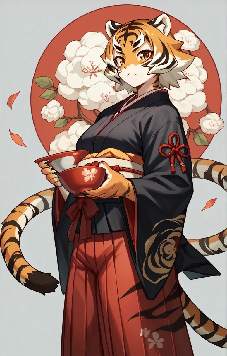 anime,((Tiger Girl,)) ,(Black kimono,Red patterned),(Hakama), ((samurai)) , (A Cup),whole body, --ar 4:7 --s 40
