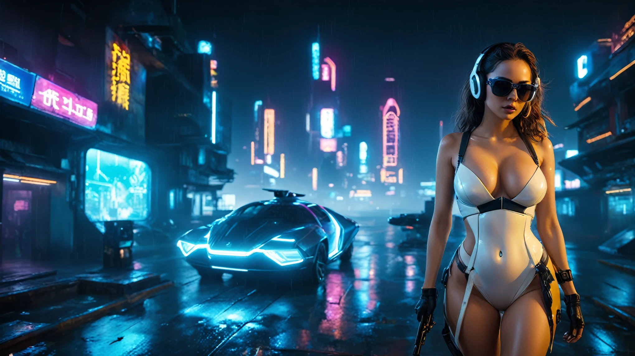 (aerial view, a flying cars docking platform, a very dark abandoned futuristic city, neon lights), rainy night. (((1girl, solo, alone))), large-breast:1.2 slim body, cleavage:1.1, sexy wind blowing wet dress:1.4, (((headphone, black sunglasses, standing and holding pistol:1.8, dynamic rushing pose))), (((((half-body thigh level medium shot))))), cinematic lighting, lens flare, ray tracing.