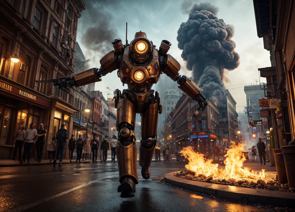 a mechanical detective, humanoid, piston driven arms and legs, steam vents, walking the streets of a steampunk city, seeking a wanted criminal, best quality, 4k, 8k, highres, masterpiece, ultra-detailed, realistic, photorealistic, photo-realistic, HDR, UHD, studio lighting, ultra-fine painting, sharp focus, physically-based rendering, extreme detail description, professional, vivid colors, bokeh, concept art