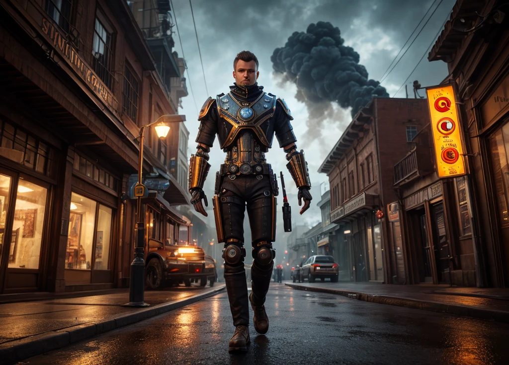 a mechanical detective, humanoid, piston driven arms and legs, steam vents, walking the streets of a steampunk city, seeking a wanted criminal, best quality, 4k, 8k, highres, masterpiece, ultra-detailed, realistic, photorealistic, photo-realistic, HDR, UHD, studio lighting, ultra-fine painting, sharp focus, physically-based rendering, extreme detail description, professional, vivid colors, bokeh, concept art