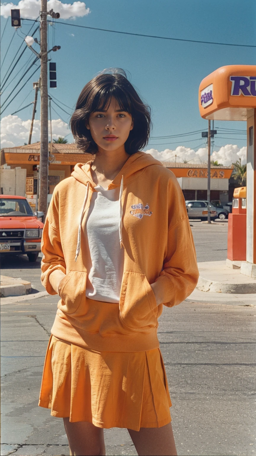 medium cinematic shot portrait, of cute 23 yo girl ,wear ((orange color oversized_hoodie)), wear ((purple tennis skirt)),looking front,Best Quality,Masterpiece,Ultra High Resolution,(Realisticity:1.4),Original Photo, 1Girl, light leak,ultra high resolution,UHD,beautiful, (black bob hair), almond eye, no makeup, in front of ((80's colorful gas station)), (realistic:1.2), (surreal:1.3), (very detailed:1.1), ((masterpiece)),summer, blue sky, palm trees,sunny, los angles vibes,film camera, 800mm lens,style of Philip Lorca diCorcia