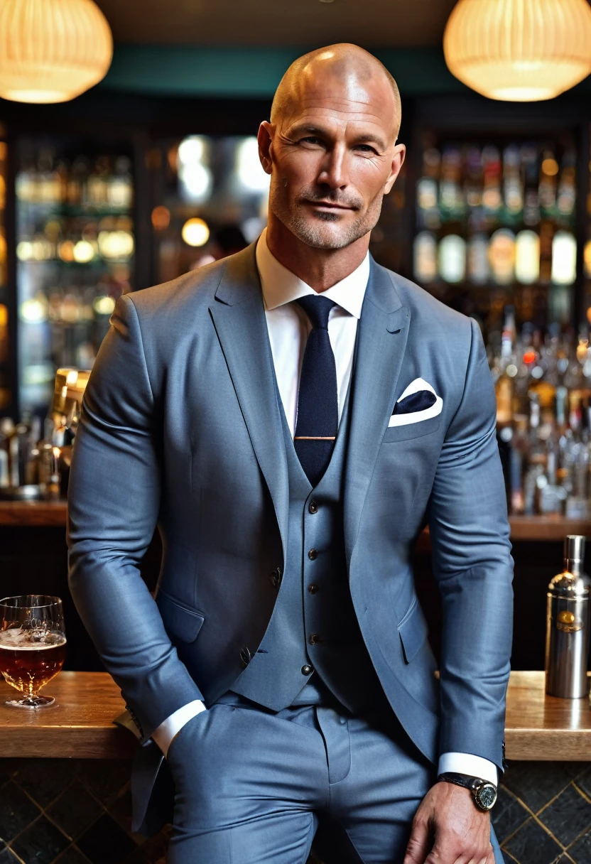 iphone pro 14, extremely beautiful model, 40 years old sexy muscular man, scandinave, shaved head, realistic, seins gaies, clivage, haut court, soutiens gorges, full figure, nice 3 pieces suit, drinking in a posh bar in London