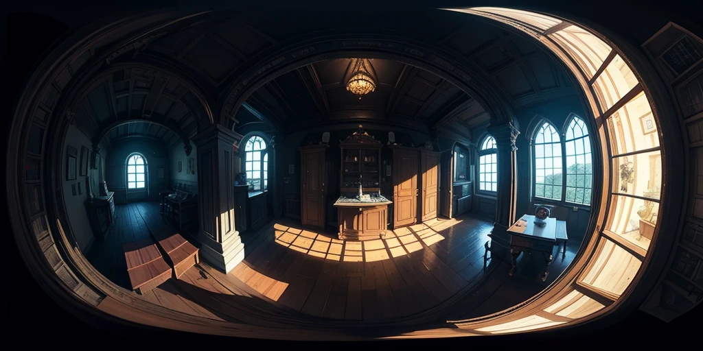 Equirectangular 360-degree panorama view photo with left and right ends seamlessly connected. first person, ((darkness)), fantasy, in a witch's room,