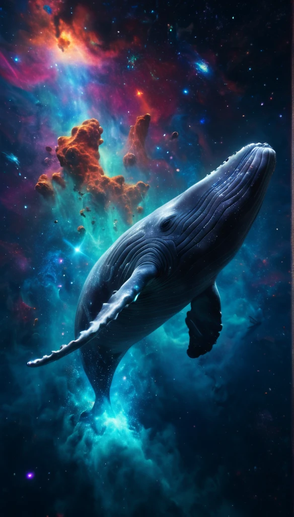 Panoramic shot, a large whale floating in deep space, surrounded by nebulae and stars, vivid colors, digital art, hyperrealistic, 8k, concept art, highly detailed, photorealistic, cinematic lighting, volumetric lighting, dramatic composition, surreal, dreamlike, mystical, ethereal, intricate details, glowing energy, mesmerizing, awe-inspiring, magnificent, breathtaking, powerful presence