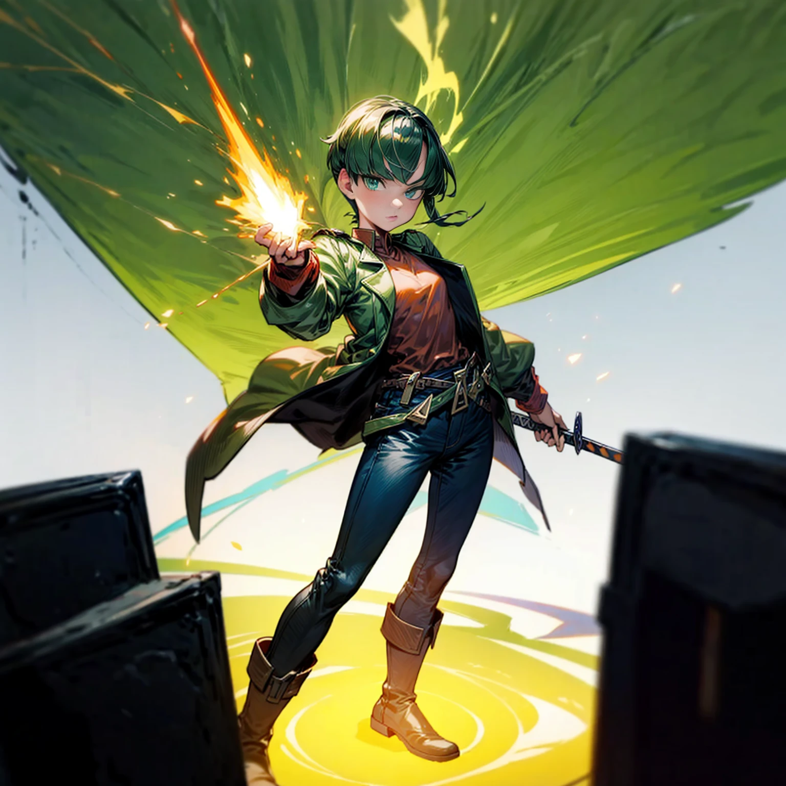 1girl, Full body version, 1character, green eyes, short haircut, green color hair, soldier style clothing, red colour clothing, jacket, jeans, boots, Grassroots, background street city, motion blur, (detective conan style art), standing gesture, fire sword in hand, fire effect on sword, smoke effect, fire street, plasma effect, aura, lighting fire on sword, 