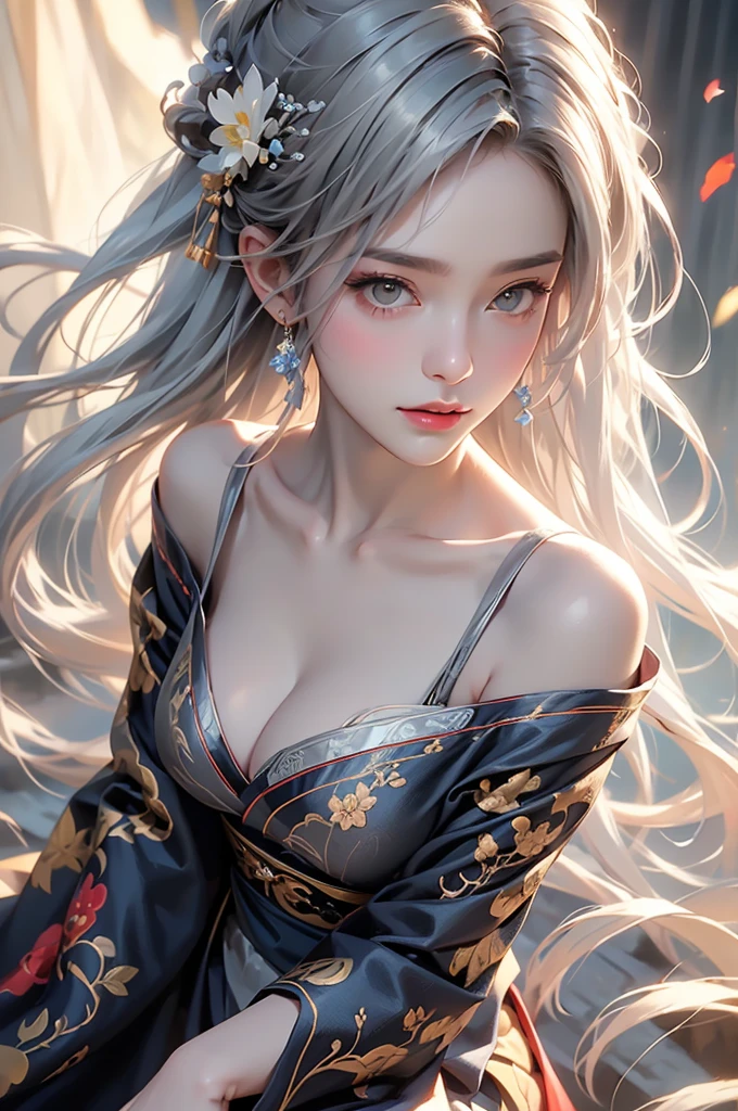 ((Above the knees image:1.3、stand))super high quality, masterpiece, Perfect illustration, Very detailed (Exquisite light and shadow, Very dramatic photo,Backlight) , ((Gray Hair:1.5))1 Girl,(( alone:1.6)), (Wearing Han clothes, Black Hanfu,Monotony,Long sleeve、Gorgeous costumes、Highly decorated Hanfu) Flower Field, Flowers, (White smoke:1.3) (Realistic:1.4), Zen Intertwining, Tangled, Official Art, unity 8k wallpaper, Very detailed, Beautiful and beautiful, masterpiece, Highest quality, (Dynamic Angle: 1.4), Glowing Skin, (Floating colorful flashes: 1) The most beautiful chaotic shapes, elegant, Brutalist Design, Bright colors, Romantic Depth of Field Exotic_dance, half_naked、Expose your shoulders、Ample breasts、Great cleavage、Dynamic pose、Backlight,
