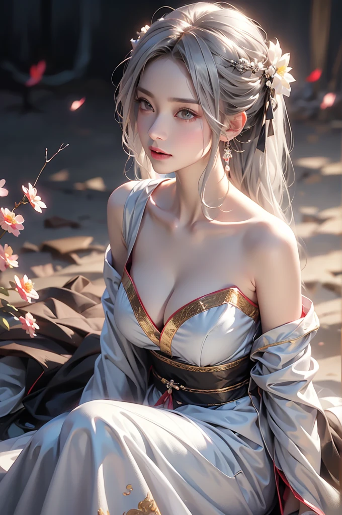 ((Above the knees image:1.3、stand))super high quality, masterpiece, Perfect illustration, Very detailed (Exquisite light and shadow, Very dramatic photo,Backlight) , ((Gray Hair:1.5))1 Girl,(( alone:1.6)), (Wearing Han clothes, Black Hanfu,Monotony,Long sleeve、Gorgeous costumes、Highly decorated Hanfu) Flower Field, Flowers, (White smoke:1.3) (Realistic:1.4), Zen Intertwining, Tangled, Official Art, unity 8k wallpaper, Very detailed, Beautiful and beautiful, masterpiece, Highest quality, (Dynamic Angle: 1.4), Glowing Skin, (Floating colorful flashes: 1) The most beautiful chaotic shapes, elegant, Brutalist Design, Bright colors, Romantic Depth of Field Exotic_dance, half_naked、Expose your shoulders、Ample breasts、Great cleavage、Dynamic pose、Backlight,
