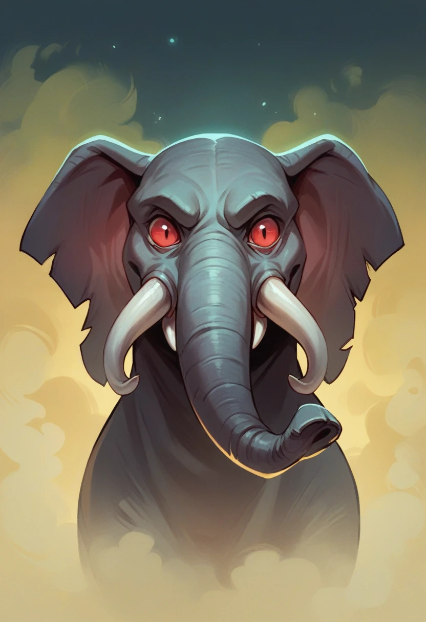 Black elephant, solo, scary elephant, elephant, big, long fangs, Red eyes, yellow fog, night, dark