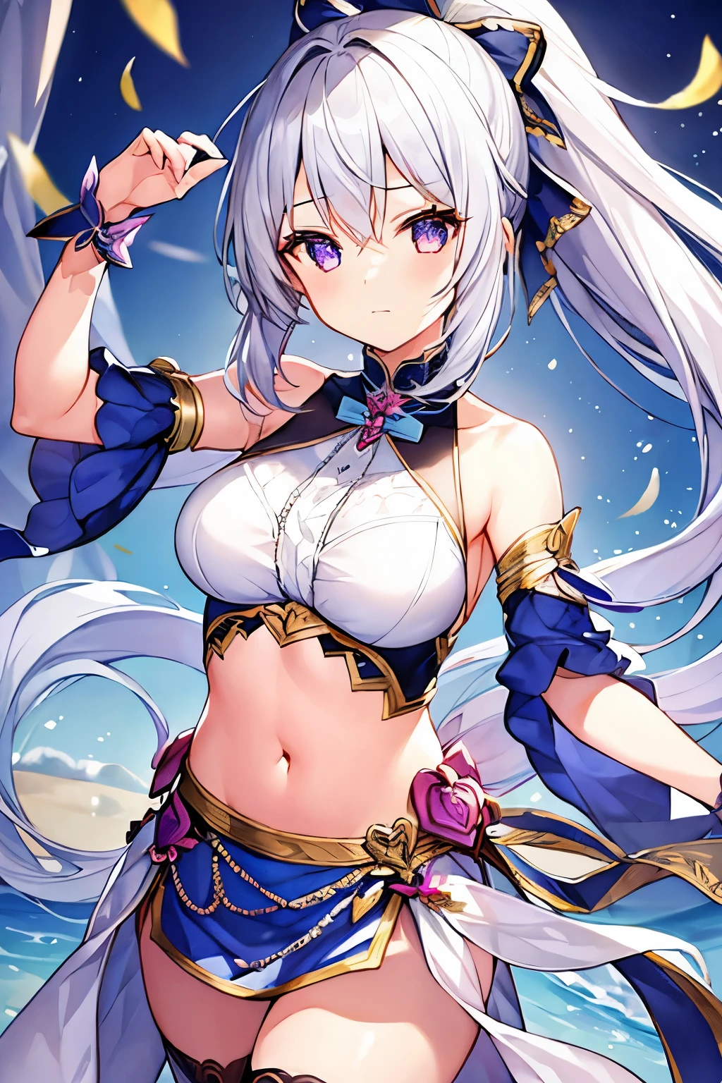 1 girl、Silver Hair、ponytail、Fantasy dancer's outfit、Orange decoration、accessories、Expose、Bigger breasts、