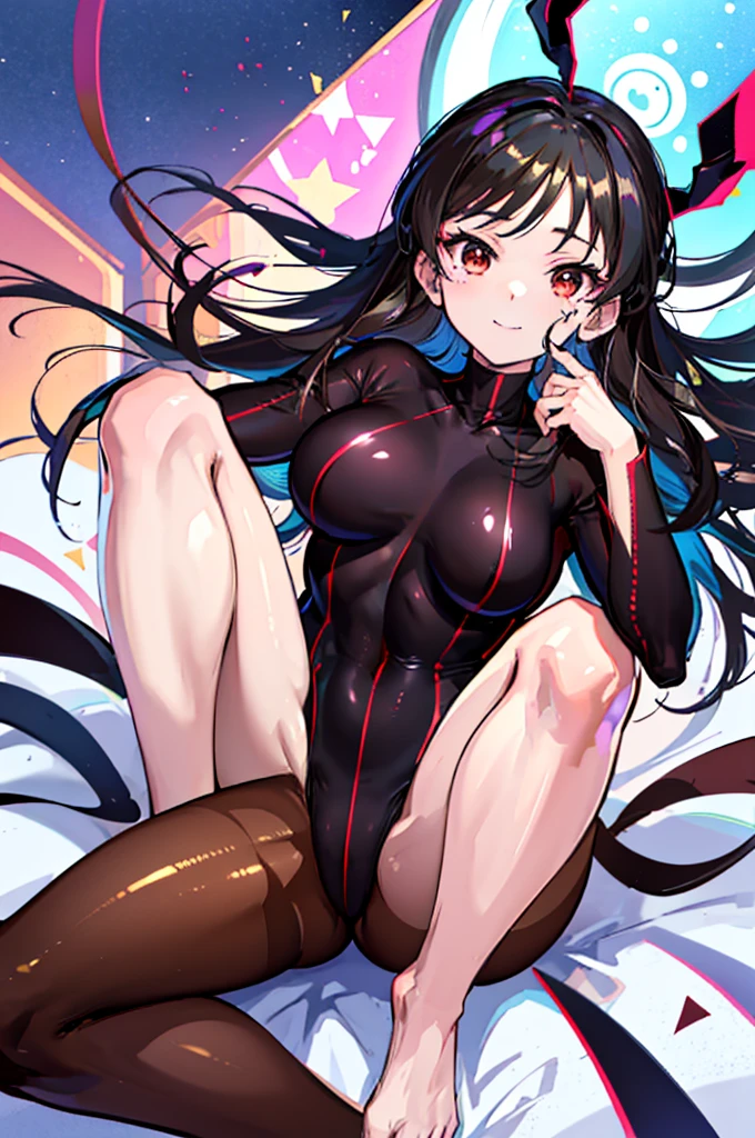 Highest quality　Highest quality　Draw a face carefully　High-definition anime-style face　Super Glowing Skin　Long black hair　Brown leotard　Golden pantyhose　Succubus　lure　smile　squat　Show the soles of your feet　Close up of the soles of the feet