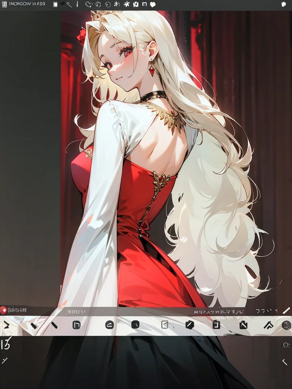 Add in roses to her dress, a good back dress design with some golden jewelry, make her dress into a red and white gown with a hat, give her some unique Jewelry, and make her look somewhat of a demonic angel like appearance to her
