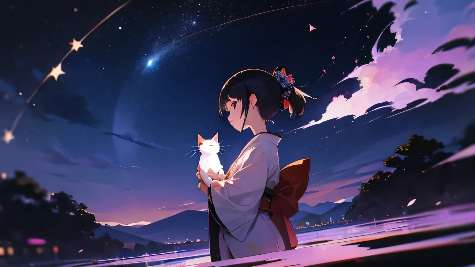 kimono japanese girl with cat at night sky stars
