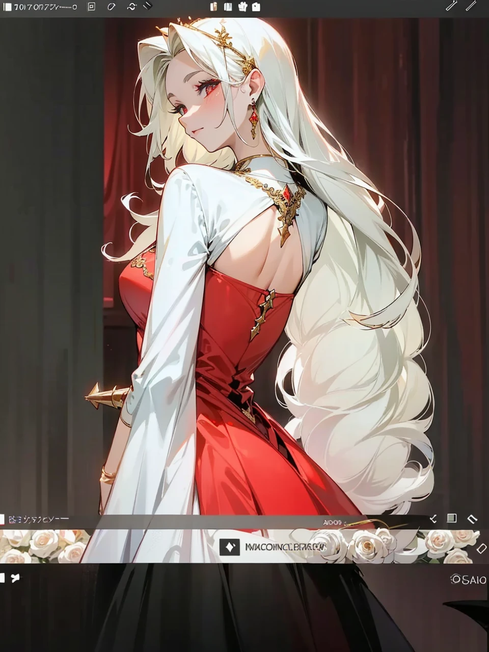 Add in roses to her dress, a good back dress design with some golden jewelry, make her dress into a red and white gown with a hat, give her some unique Jewelry, and make her look somewhat of a demonic angel like appearance to her