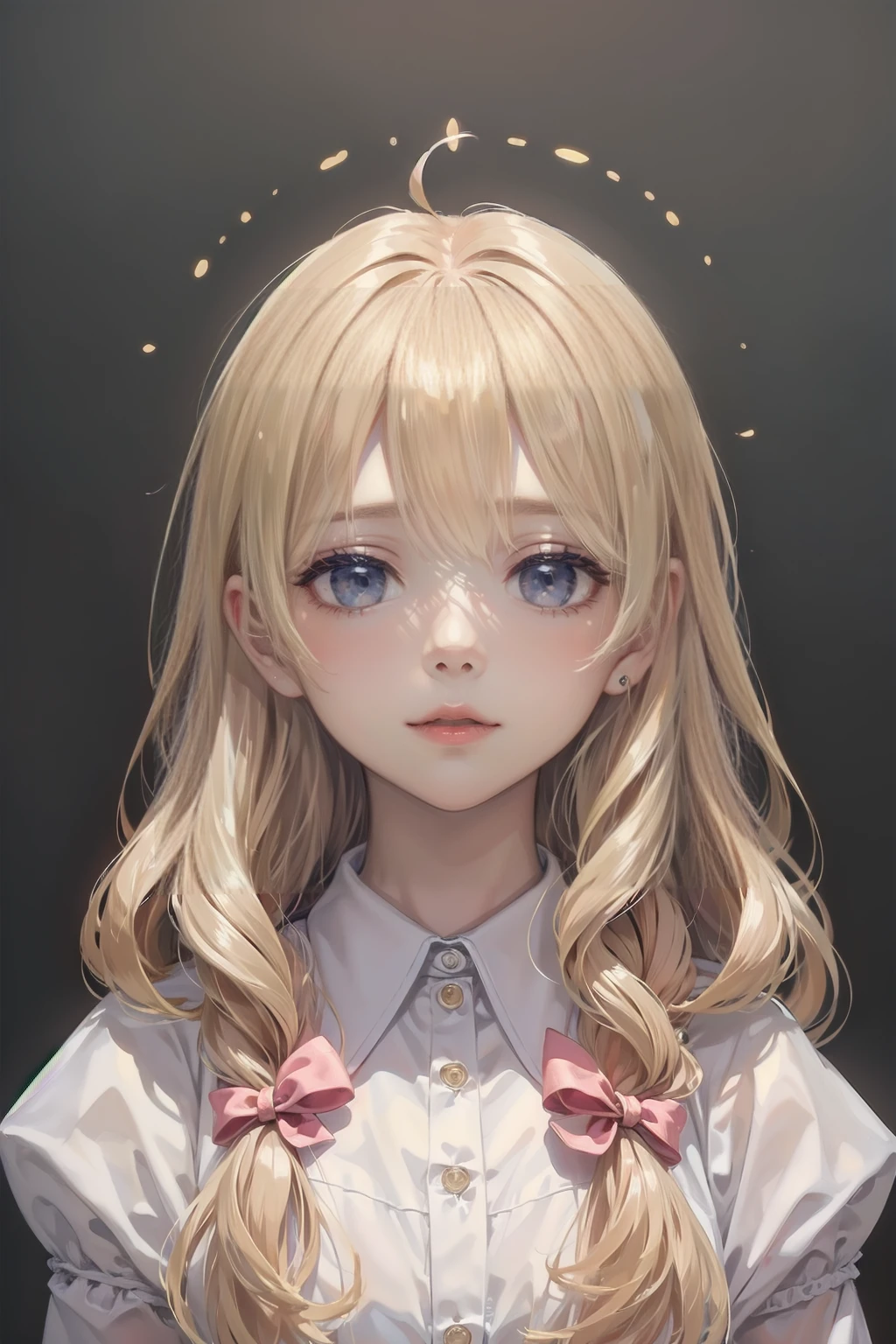Dots are、With bright pink cheeks、She has chin-length, curly, golden blonde hair with wavy bangs.、She's a dark skinned girl。. She is wearing a bright red headband with a ribbon on the right side of her head.. Dots are、She wears a shiny pastel blue and scarlet red dress with a small ribbon belt around her waist。, white collar, 4 crimson buttons, Bright red lining. Under her dress is a red and pale blue tulle skirt.. She also、White socks with red tops、She is wearing carnation pink high-top sneakers with bright red shoelaces.。. Shine; Glitter