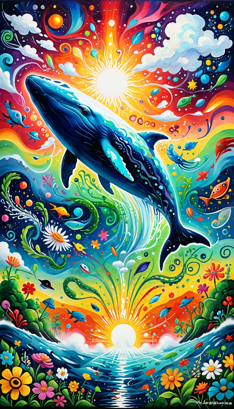 Children's graffiti,Thick coating，Concave and convex texture，Oil pastel strokes：Artists from the stars，Child，Flying Whale:1.37、Eruption Cloud、flowesh、章fish触手瀑布。、bird、(((Eye)))、diatom，Abstract mosaic painting，Describing the inner world of autistic people，Large area of white，interesting，Innocence，Vision，Psychedelic Art，
