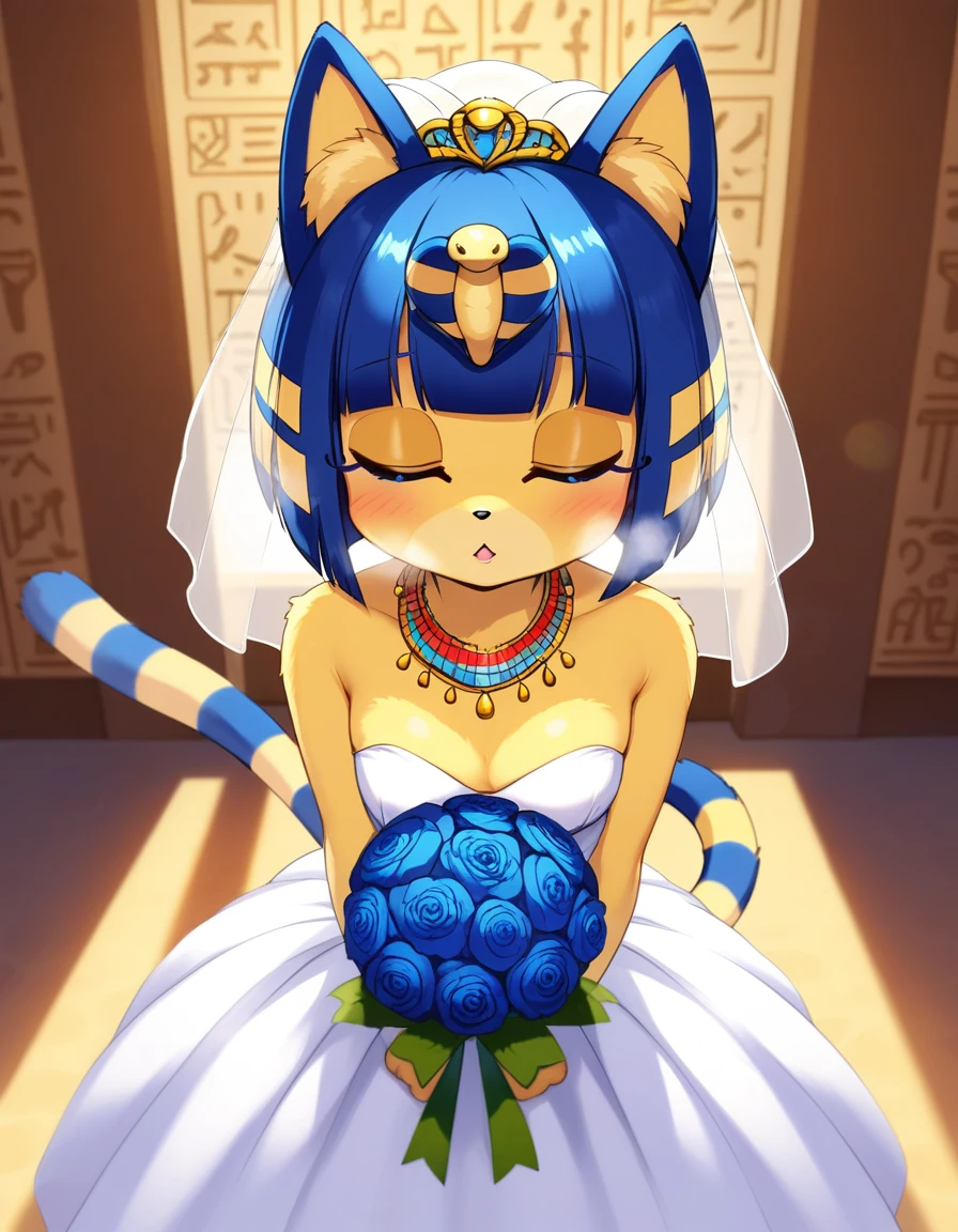 [isaCrossing], [Isabelle; Animal Crossing], [Uploaded to e621.net; (Pixelsketcher)], kemono, dagasi, solo female ankha \(animal crossing\) with ((tiny and short body with yellow fur)), (blue hair), (blue eyes), (yellow and blue striped cat tail), ((anthro furry)), (wearing cute wedding dress:1.4), (egyptian necklace), ((small breasts)), (cleavage), (detailed fluffy fur), (front view), ((standing, bird's eye view)), (bending over viewer), (heavy breathing), (kissing expression), (closed eyes), (shy), (holding a bouquet of blue flowers), (detailed background, egyptian temple background, depth of field, half body shadow, sunlight, ambient light on the body), (intricate:1), (high detail:1.3), (unreal engine:1.2), (soft focus:1.15), [explicit content, questionable content], (masterpiece, best quality, 4k, 2k, shaded, absurd res)