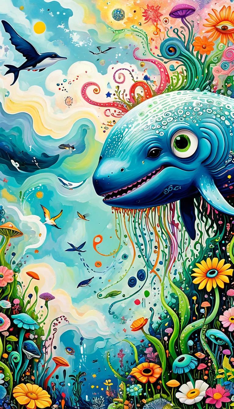 Children's graffiti,Thick coating，Concave and convex texture，Oil pastel strokes：Artists from the stars，Flying Whale:1.37、Eruption Cloud、flowesh、Tentacles、bird、(((Eye)))、diatom，Abstract mosaic painting，Describing the inner world of autistic people，Large area of white，interesting，Innocence，Vision，Psychedelic Art，
