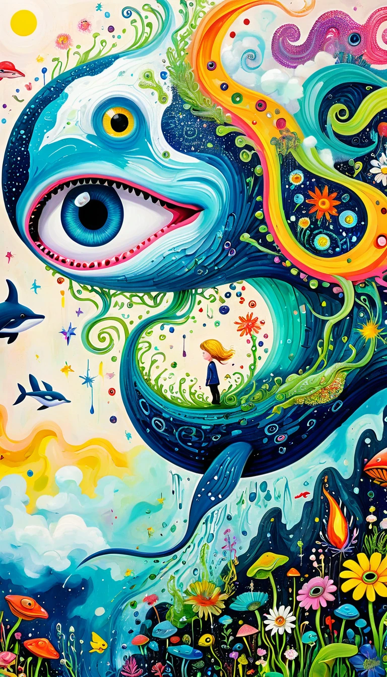 Children's graffiti,Thick coating,Concave and convex texture,Oil pastel strokes:Artists from the stars,Flying Whale:1.37、Eruption Cloud、flowesh、Tentacles、bird、(((Eye)))、diatom,Abstract mosaic painting,Describing the inner world of autistic people,Large area of white,interesting,Innocence,Vision,Psychedelic Art,