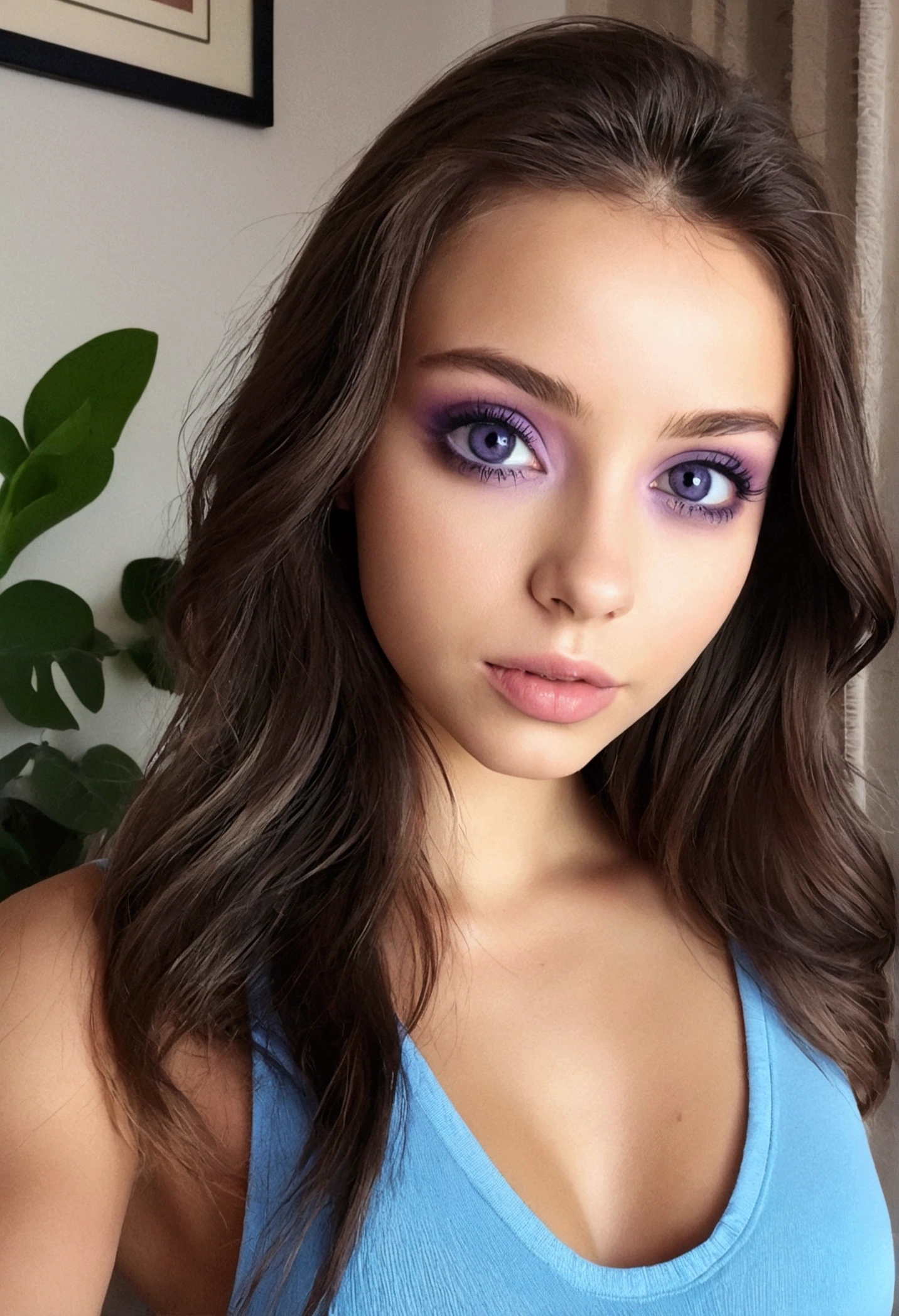 femme arafed avec débardeur et culotte assortis, fille Sexy aux yeux bruns, portrait sophie mudd, cheveux bruns et grands yeux bleu, selfie d&#39;une jeune femme, Yeux de chambre, violette myers, sans maquillage, maquillage naturel, regarder directement la caméra, Visage avec Artgram, Maquillage subtil, Superbe photo du corps entier, dans la chambre, clivage, Sexy