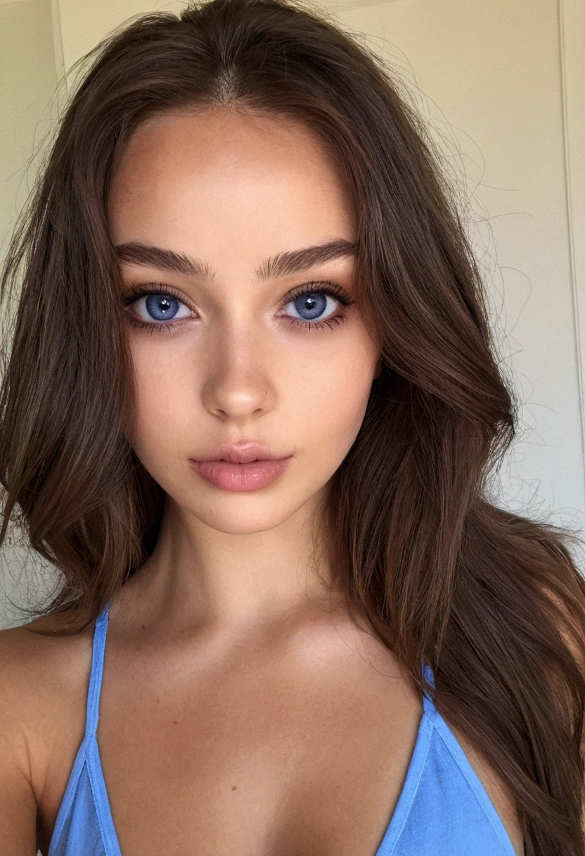 femme arafed avec débardeur et culotte assortis, fille Sexy aux yeux bruns, portrait sophie mudd, cheveux bruns et grands yeux bleu, selfie d'une jeune femme, Yeux de chambre, violette myers, sans maquillage, maquillage naturel, regarder directement la caméra, Visage avec Artgram, Maquillage subtil, Superbe photo du corps entier, dans la chambre, clivage, Sexy
