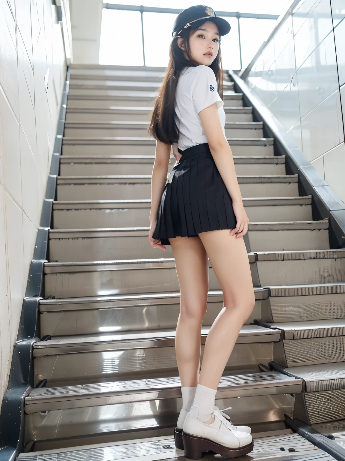 ((Highest quality)), ((masterpiece)), (Familiar), ((A high school girl riding an escalator on her way to school))、((Full Body Shot:1.8))、((k-popのIVEのWONYOUNGにそっくりの女の子))、(((Japanese high school girls wearing summer uniforms)))、Short sleeve white shirt、The back of the bra is visible、(Checkered micro mini skirt)、((((Back view))))、Photo secrets、Short navy blue socks that reach to the ankles、(Black Loafers)、Station Escalator、((((Only the face is facing backwards)))),(((I can see the pussy line:1.3)))、(((tall:1.2)))、(Thin thighs)、(((Long legs:1.2)))、(long thighs)、(Long lower legs)、(Slim ankles)、Long hands、(Slim model body shape)、((((Standing on the top step of an up escalator:1.8))))、((((Photo taken from the bottom floor of an up escalator:1.7))))、((White panties))、(((A full-body shot of a high school girl standing on the upper level of an escalator:1.7))),(((A full-body shot of a high school girl standing on the top step of an escalator taken from the floor at the bottom of the escalator:1.5)))、(Anatomically correct:1.2)、eight-headed body、16-year-old high school girl、Raw photo、Firm Skin、Fine skin、Well-trained muscular legs、Attention to detail、Vivid、Skin Texture、Genuineな皮膚感、Perfect composition、beautiful、Very detailed、High chroma、Genuine