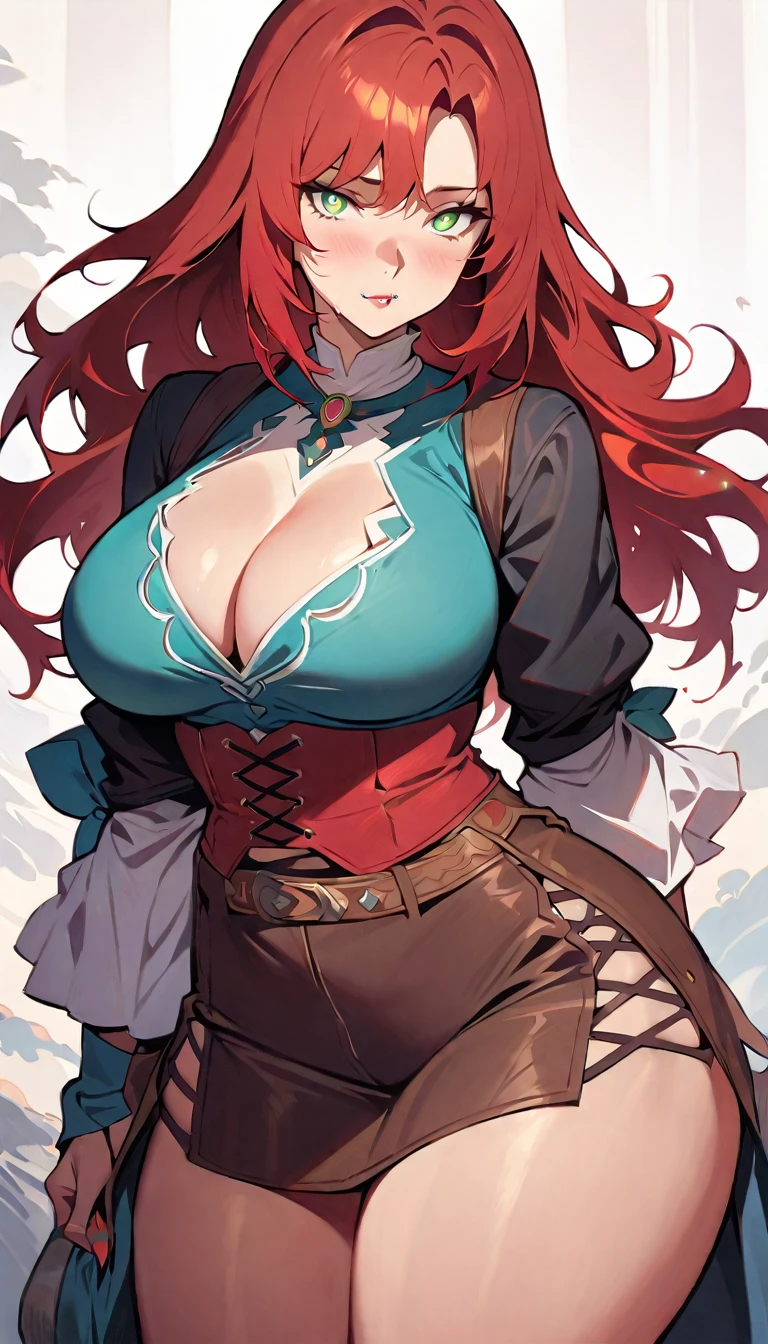 (high quality, 8k, 4K, high contrast, artwork:1.2, high quality, best aesthetics), (centralized), ((1 woman)), erotic, sensual, mature body, super detailed, beautiful face detailed, beautiful eyes detailed, detailed beautiful mouth, perfect breats, perfect wide thighs, (red hair), (long red hair), (messy red hair), (green eyes), (light green pupils), (gentle calm expression), (piercing gaze), (looking at viewer), (sexy cowgirl outfits), (western clothes), (old west), (standing), (front view)