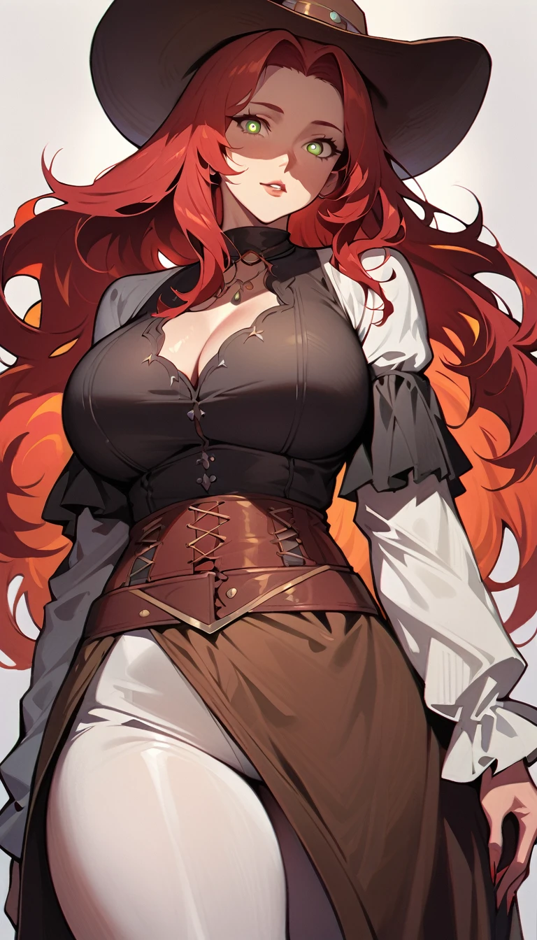 (high quality, 8k, 4K, high contrast, artwork:1.2, high quality, best aesthetics), (centralized), ((1 woman)), erotic, sensual, mature body, super detailed, beautiful face detailed, beautiful eyes detailed, detailed beautiful mouth, perfect breats, perfect wide thighs, (red hair), (long red hair), (messy red hair), (green eyes), (light green pupils), (gentle calm expression), (piercing gaze), (looking at viewer), (sexy cowgirl outfits), (western clothes), (old west), (standing), (front view)