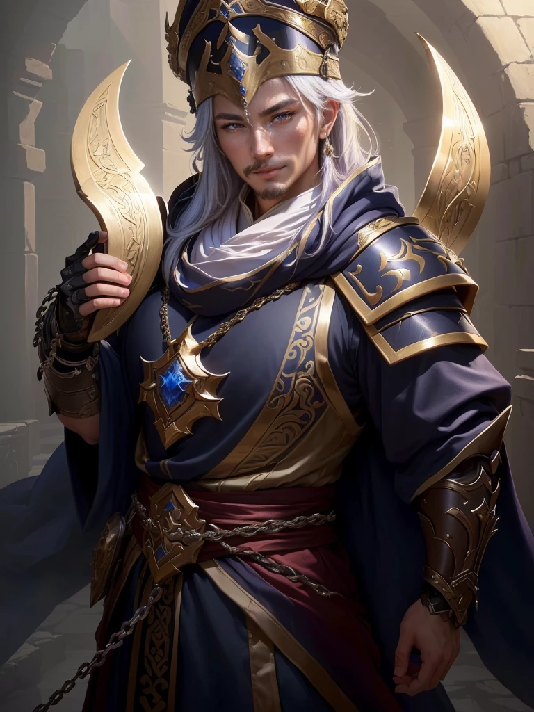 a close up of a man in a costume holding a chain, smirking male bard, picture of a male cleric, rogue bard, inspired by Fan Kuan, inspired by Li Kan, an epic majestical degen trader, inspired by Huang Ding, arsen lupin as a paladin, inspired by Cao Zhibai, bian lian, inspired by Huang Shen, Highly detailed CG unit 8k wallpaper, masterpiece, High resolution, highest quality, highest quality real texture skin, Super Real, Digital Painting, Best image quality, 最High resolution, 8k, (((Highly detailed eyes and face, Beautiful eyes every detail))), disproportionate breasts, huge breasts, sagging breasts, gigantic breasts,