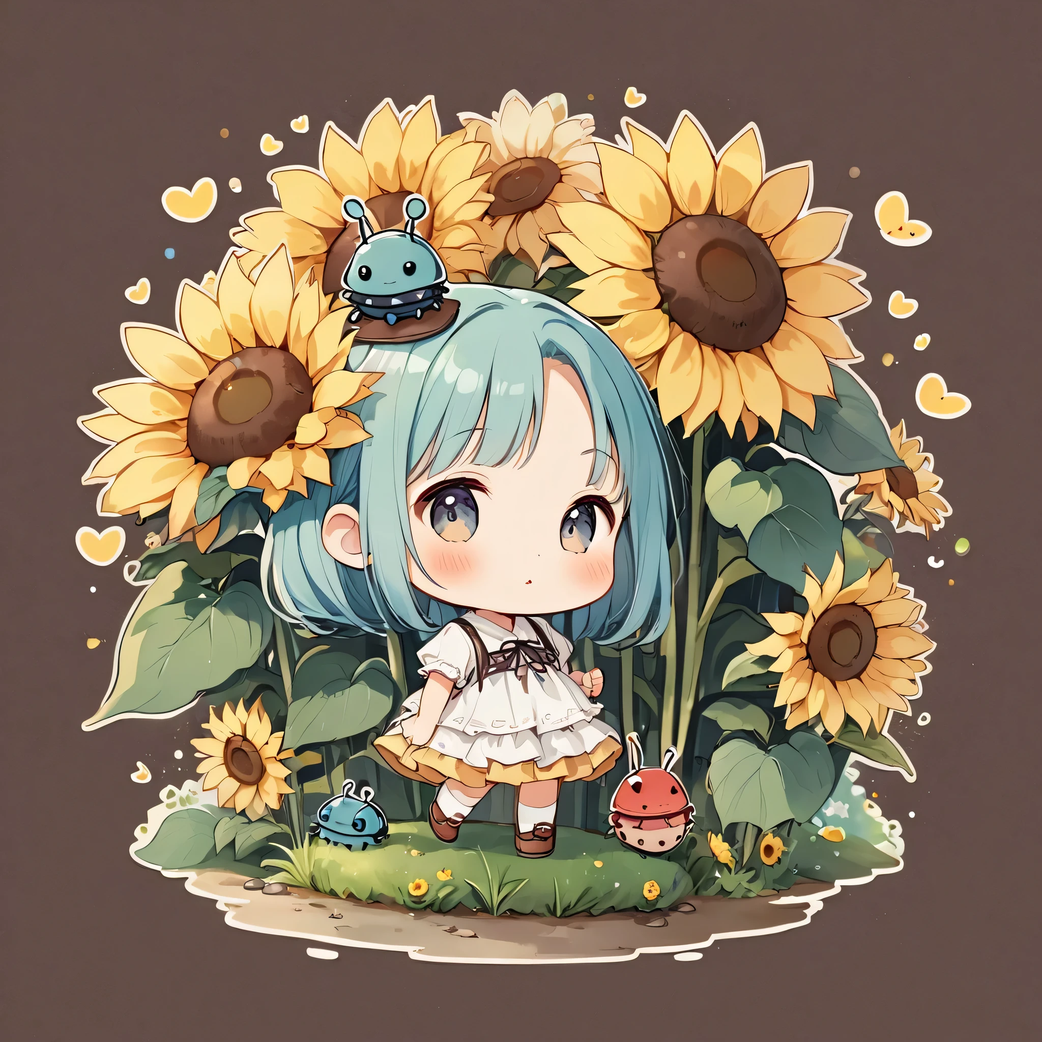hayao miyazaki style, Kawaii Design, The most beautiful girl of all time、chibi, (((Cute pillbug))), sunflowers
