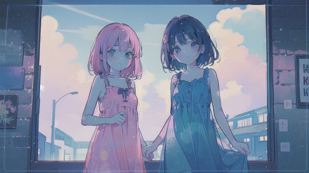 (watercolor), (low contrast), (face, cowboy shot, 2 girls, sundress, look at viewer), nostalgic