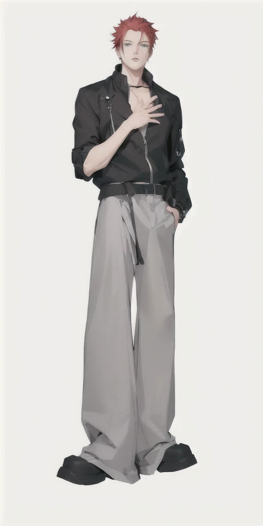 Wearing a black jacket and grey pants、Red hair anime boy, !!full Body portrait!!, anime full Body illustration, full Body illustration, fullBody portrait, single character full Body, Tall anime man with blue eyes, full Body portrait of a short!, full Body single character, character full Body portrait, full Body character portrait, full_Body!!, full Body portrait