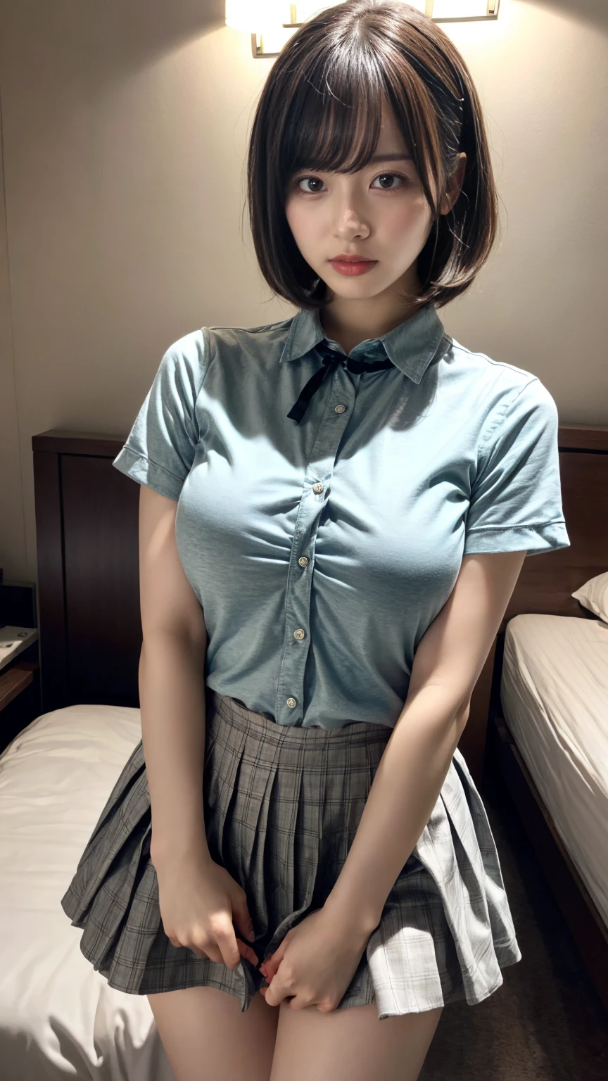 masterpiece, best quality, illustration, Super detailed, fine details, High resolution, 8K,wall paper, perfect dynamic composition,(Details High quality, realistic depiction of eyes:1.3), standing, (collared shirt:1.1), pleated skirt, short bob hair、black hair color, Big Natural Color Lip, bold sexy pose, crying a little、cold gaze, Harajuku style、acrobatic pose, 20 year old girl、cute type、lolita、beautiful legs, hotel room, gravure idol, Voluptuous thighs, large breasts