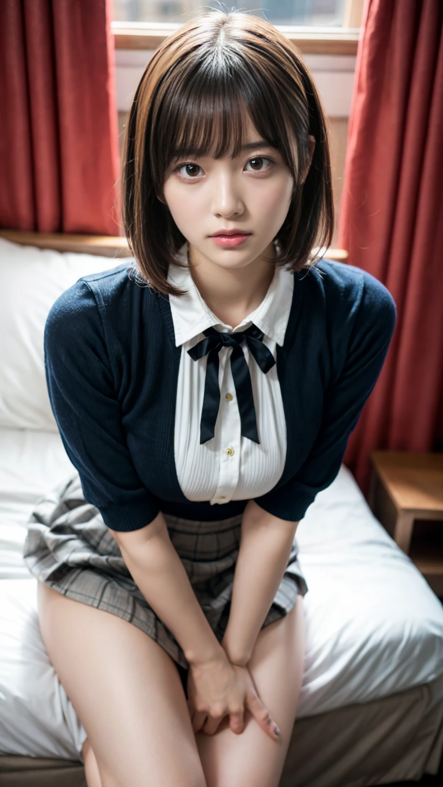 masterpiece, best quality, illustration, Super detailed, fine details, High resolution, 8K,wall paper, perfect dynamic composition,(Details High quality, realistic depiction of eyes:1.3), standing, (collared shirt:1.1), pleated skirt, short bob hair、black hair color, Big Natural Color Lip, bold sexy pose, crying a little、cold gaze, Harajuku style、acrobatic pose, 20 year old girl、cute type、lolita、beautiful legs, hotel room, gravure idol, Voluptuous thighs, large breasts