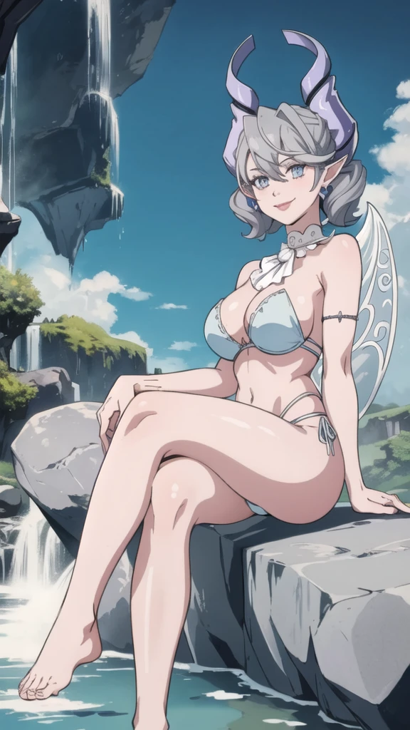 Waterfalls High level image quality best image quality 8K adult woman garden rocks outside more colors whole body view portrait wearing bikini white horn ears short hair((shortcut)(gray hair)(perm)(fluffy)) eye color is blue , , attractive evil face , smile , sexy pose , labrynth , barearm , wearing pink , wings , sitting , crossed legs, view foot arc