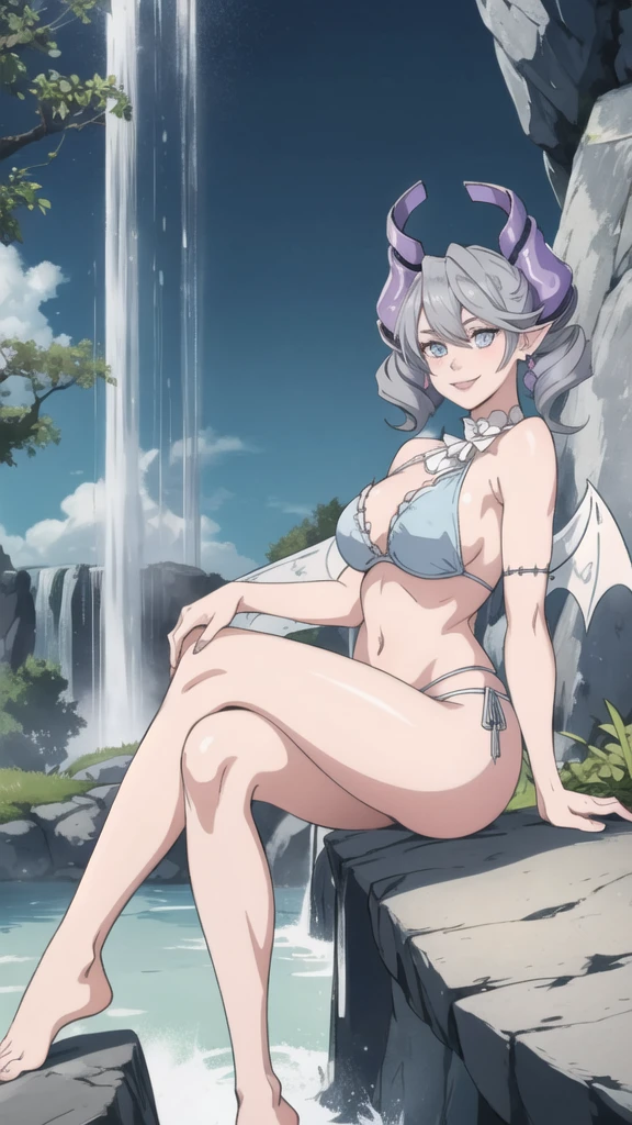 Waterfalls  High level image quality　best image quality　8K　 adult woman   garden rocks outside  more colors   whole body view　portrait　wearing bikini   　white horn    ears  　short hair（（shortcut）（gray hair）（perm）（fluffy））　eye color is blue ,  , 　attractive evil face , smile   ,  sexy pose   ,  labrynth ,  barearm    , wearing pink , wings    , sitting    , crossed legs, view foot arc    